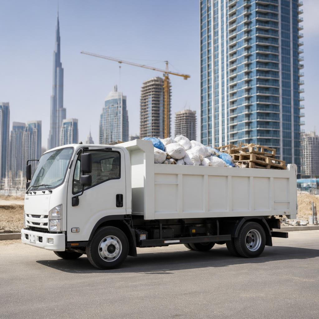 Professional Lamaze garbage removal truck loaded with construction waste in the UAE